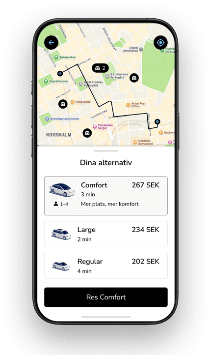 Smartphone displaying a ride-hailing app with a map, route options, and car choices labeled Comfort, Large, and Regular with prices in SEK.