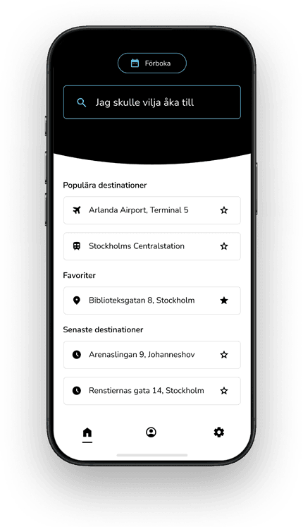 Smartphone displaying a travel app interface in Swedish, showing popular, favorite, and recent destinations with icons and addresses.